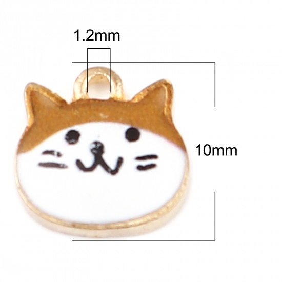 Picture of Zinc Based Alloy Charms Cat Animal Gold Plated Brown Yellow Enamel 10mm x 10mm, 10 PCs