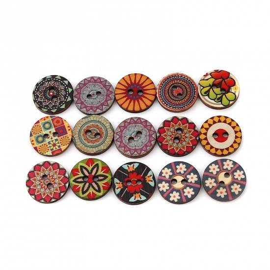 Picture of Wood Buddhism Mandala Sewing Buttons Scrapbooking Two Holes Round Multicolor Grid Checker 20mm Dia., 100 PCs