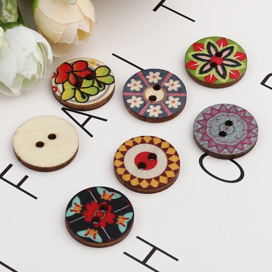 Immagine di Wood Buddhism Mandala Sewing Buttons Scrapbooking Two Holes Round At Random Color Mixed Flower 20mm Dia., 100 PCs