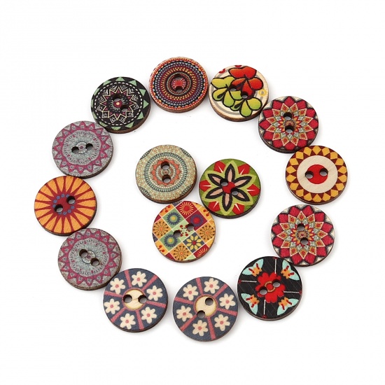 Immagine di Wood Buddhism Mandala Sewing Buttons Scrapbooking Two Holes Round At Random Color Mixed Flower 20mm Dia., 100 PCs