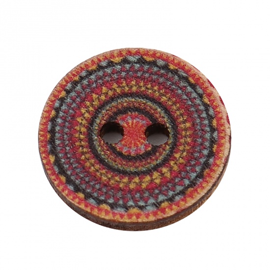 Picture of Wood Buddhism Mandala Sewing Buttons Scrapbooking Two Holes Round Multicolor Flower 20mm Dia., 100 PCs