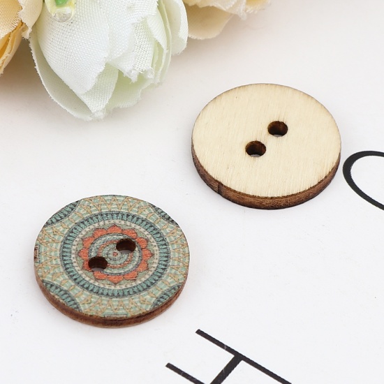 Immagine di Wood Buddhism Mandala Sewing Buttons Scrapbooking Two Holes Round Sage Green Flower 20mm Dia., 100 PCs