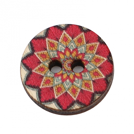 Immagine di Wood Buddhism Mandala Sewing Buttons Scrapbooking Two Holes Round Fuchsia Flower 20mm Dia., 100 PCs