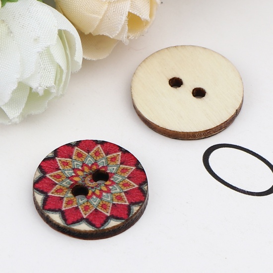 Picture of Wood Buddhism Mandala Sewing Buttons Scrapbooking Two Holes Round Fuchsia Flower 20mm Dia., 100 PCs