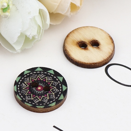 Immagine di Wood Buddhism Mandala Sewing Buttons Scrapbooking Two Holes Round Black & Green Flower 20mm Dia., 100 PCs