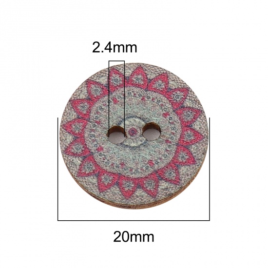 Picture of Wood Buddhism Mandala Sewing Buttons Scrapbooking Two Holes Round Gray Flower 20mm Dia., 100 PCs