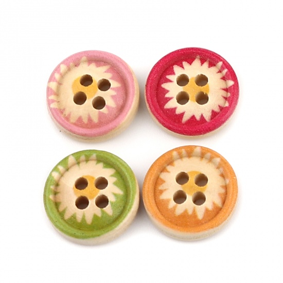 Immagine di Wood Sewing Buttons Scrapbooking 4 Holes Round At Random Color Mixed Chrysanthemum Flower 15mm Dia., 100 PCs