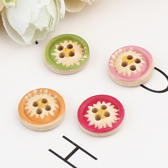 Immagine di Wood Sewing Buttons Scrapbooking 4 Holes Round At Random Color Mixed Chrysanthemum Flower 15mm Dia., 100 PCs
