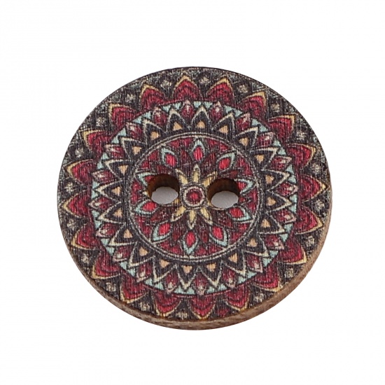 Picture of Wood Buddhism Mandala Sewing Buttons Scrapbooking Two Holes Round Fuchsia Flower 25mm Dia., 100 PCs