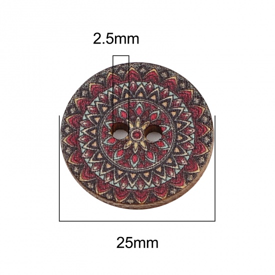 Immagine di Natural Wood Buddhism Mandala Sewing Buttons Scrapbooking Two Holes Round Fuchsia Flower 25mm Dia., 100 PCs