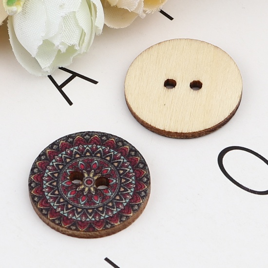 Immagine di Natural Wood Buddhism Mandala Sewing Buttons Scrapbooking Two Holes Round Fuchsia Flower 25mm Dia., 100 PCs