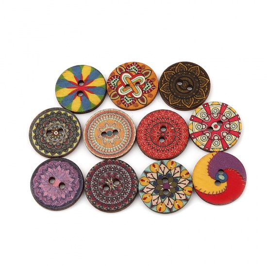 Immagine di Natural Wood Buddhism Mandala Sewing Buttons Scrapbooking Two Holes Round Fuchsia Flower 25mm Dia., 100 PCs