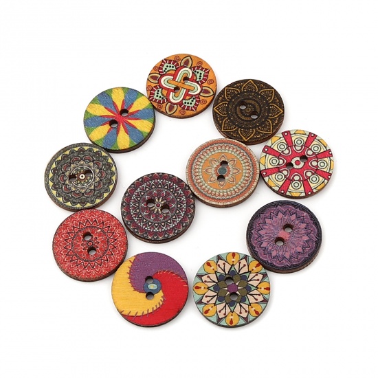 Immagine di Natural Wood Buddhism Mandala Sewing Buttons Scrapbooking Two Holes Round Fuchsia Flower 25mm Dia., 100 PCs