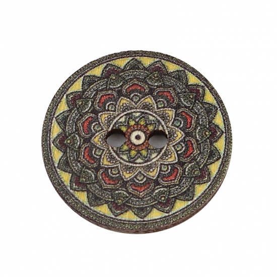 Picture of Wood Buddhism Mandala Sewing Buttons Scrapbooking Two Holes Round Yellow-green Flower 25mm Dia., 100 PCs