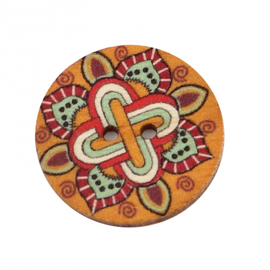 Picture of Wood Buddhism Mandala Sewing Buttons Scrapbooking Two Holes Round Orange Flower 25mm Dia., 100 PCs