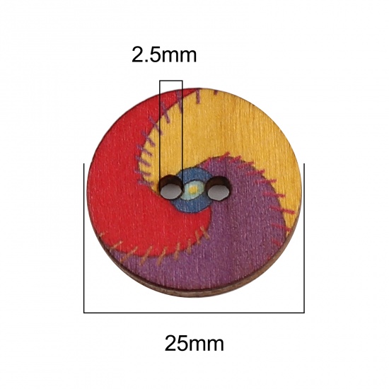 Immagine di Natural Wood Buddhism Mandala Sewing Buttons Scrapbooking Two Holes Round Multicolor Flower 25mm Dia., 100 PCs