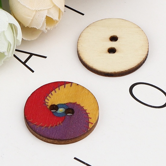 Immagine di Natural Wood Buddhism Mandala Sewing Buttons Scrapbooking Two Holes Round Multicolor Flower 25mm Dia., 100 PCs