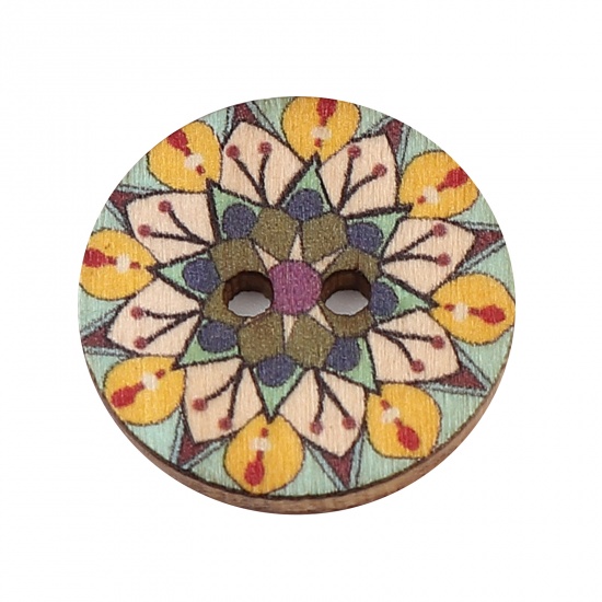 Picture of Wood Buddhism Mandala Sewing Buttons Scrapbooking Two Holes Round Multicolor Flower 25mm Dia., 100 PCs