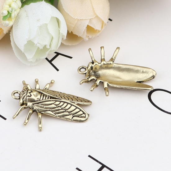 Picture of Zinc Based Alloy Insect Charms Cicada Gold Tone Antique Gold 28mm x 23mm, 10 PCs