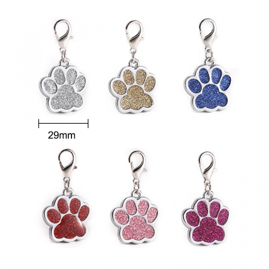 Picture of Zinc Based Alloy Pet Memorial Charms Dog Paw Claw Silver Tone Fuchsia Glitter 29mm x 25mm, 2 PCs