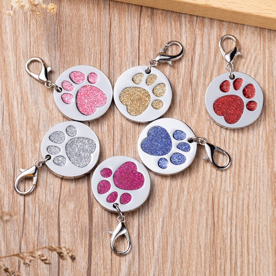 Picture of Zinc Based Alloy Pet Memorial Charms Round Silver Tone Golden Paw Claw Glitter 27mm, 2 PCs