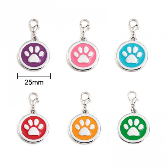 Picture of Zinc Based Alloy Pet Memorial Charms Round Silver Tone Green Paw Claw Enamel 25mm, 2 PCs