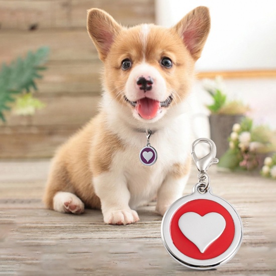 Picture of Zinc Based Alloy Pet Memorial Charms Round Silver Tone Red Heart Enamel 25mm, 2 PCs