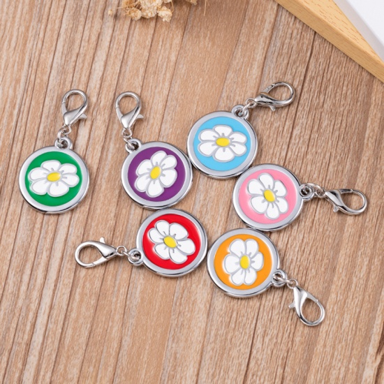 Picture of Zinc Based Alloy Pet Memorial Charms Round Silver Tone Green Flower Enamel 25mm, 2 PCs