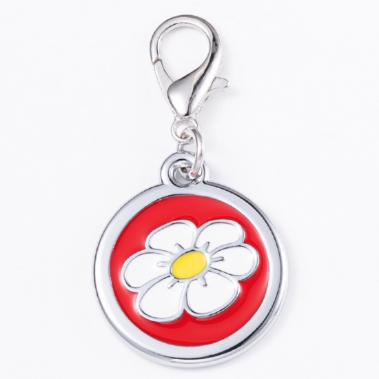 Immagine di Zinc Based Alloy Pet Memorial Charms Round Silver Tone Red Flower Enamel 25mm, 2 PCs