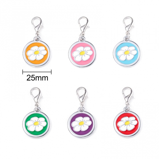 Picture of Zinc Based Alloy Pet Memorial Charms Round Silver Tone Pink Flower Enamel 25mm, 2 PCs