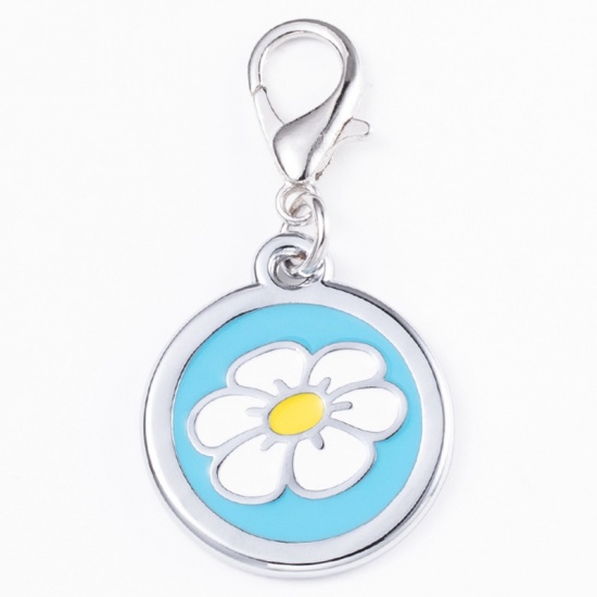Picture of Zinc Based Alloy Pet Memorial Charms Round Silver Tone Skyblue Flower Enamel 25mm, 2 PCs