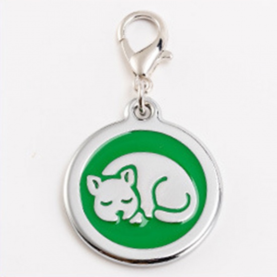 Bild von Zinklegierung Haustier Denkmal Charms Rund Silberfarbe Grün Katze Emaille 25mm, 2 Stück