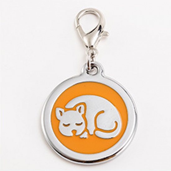 Bild von Zinklegierung Haustier Denkmal Charms Rund Silberfarbe Orange Katze Emaille 25mm, 2 Stück