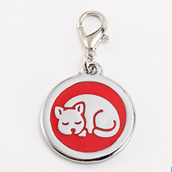 Bild von Zinklegierung Haustier Denkmal Charms Rund Silberfarbe Rot Katze Emaille 25mm, 2 Stück