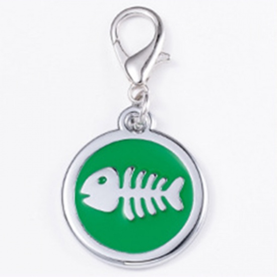 Picture of Zinc Based Alloy Pet Memorial Charms Round Silver Tone Green Fish Bone Enamel 25mm, 2 PCs