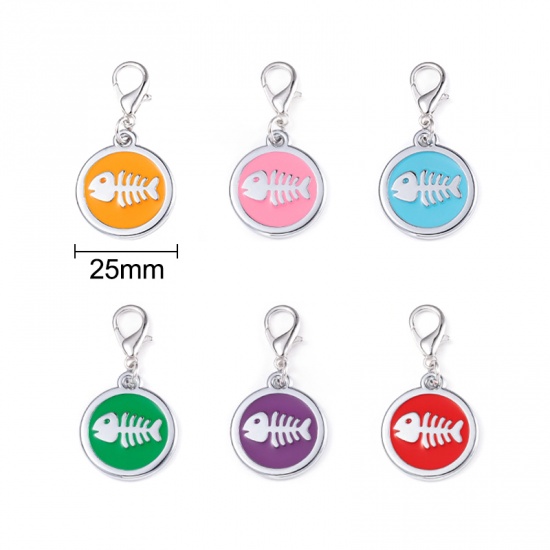 Picture of Zinc Based Alloy Pet Memorial Charms Round Silver Tone Green Fish Bone Enamel 25mm, 2 PCs