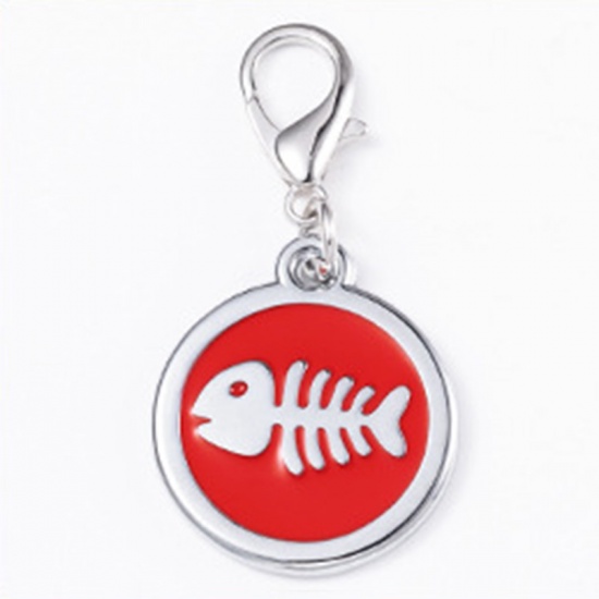 Picture of Zinc Based Alloy Pet Memorial Charms Round Silver Tone Red Fish Bone Enamel 25mm, 2 PCs