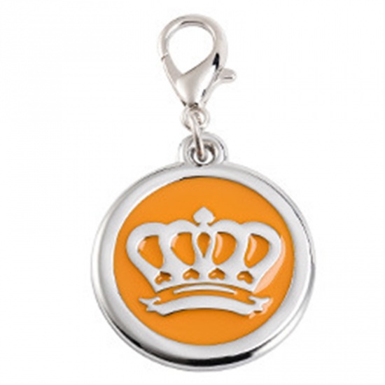 Picture of Zinc Based Alloy Pet Memorial Charms Round Silver Tone Orange Crown Enamel 25mm, 2 PCs