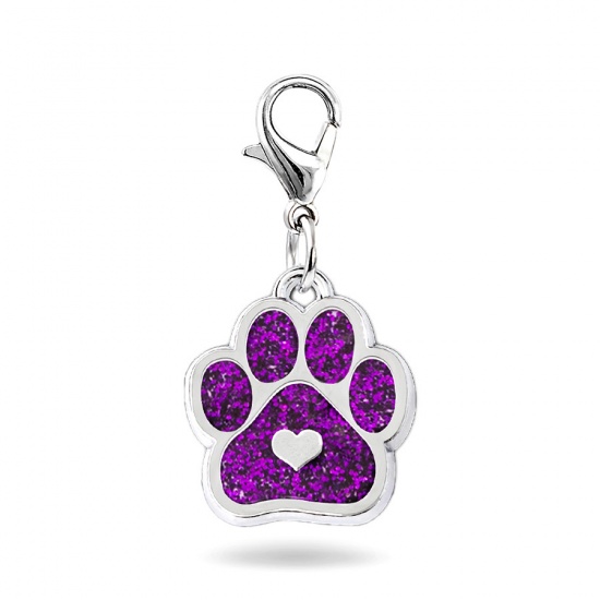 Picture of Zinc Based Alloy Pet Memorial Knitting Stitch Markers Pendants Dog Paw Claw Silver Tone Purple Heart Glitter 33mm, 2 PCs