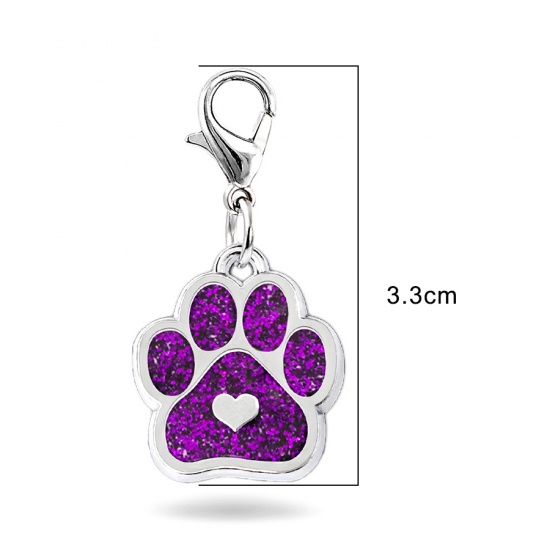 Picture of Zinc Based Alloy Pet Memorial Knitting Stitch Markers Pendants Dog Paw Claw Silver Tone Purple Heart Glitter 33mm, 2 PCs