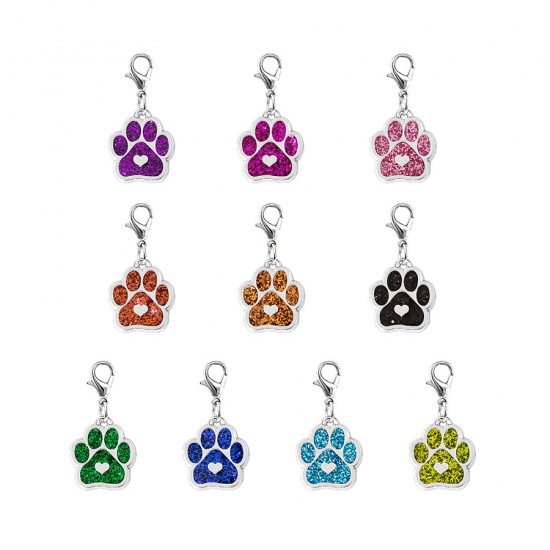 Picture of Zinc Based Alloy Pet Memorial Knitting Stitch Markers Pendants Dog Paw Claw Silver Tone Pink Heart Glitter 33mm, 2 PCs