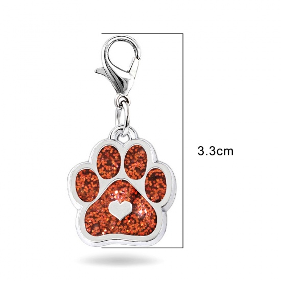 Picture of Zinc Based Alloy Pet Memorial Knitting Stitch Markers Pendants Dog Paw Claw Silver Tone Orange-red Heart Glitter 33mm, 2 PCs