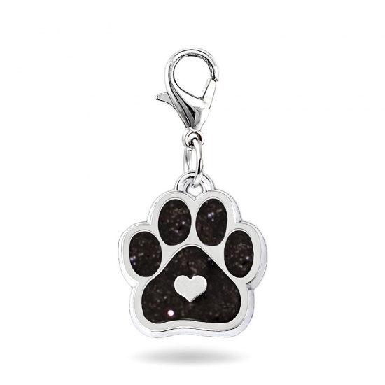 Picture of Zinc Based Alloy Pet Memorial Knitting Stitch Markers Pendants Dog Paw Claw Silver Tone Black Heart Glitter 33mm, 2 PCs