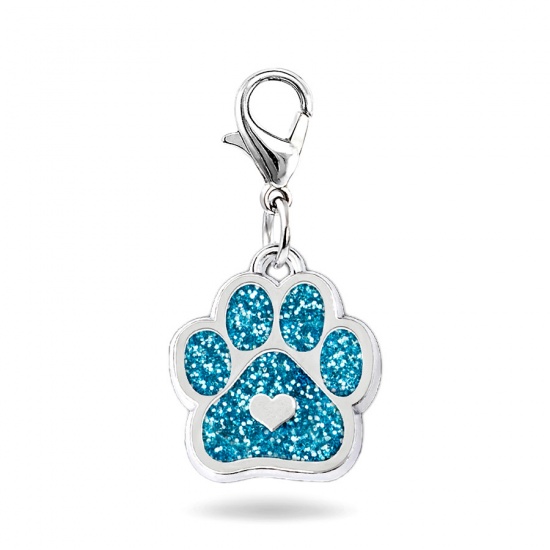 Picture of Zinc Based Alloy Pet Memorial Knitting Stitch Markers Pendants Dog Paw Claw Silver Tone Lake Blue Heart Glitter 33mm, 2 PCs