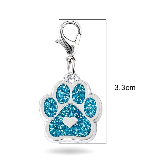 Picture of Zinc Based Alloy Pet Memorial Knitting Stitch Markers Pendants Dog Paw Claw Silver Tone Lake Blue Heart Glitter 33mm, 2 PCs