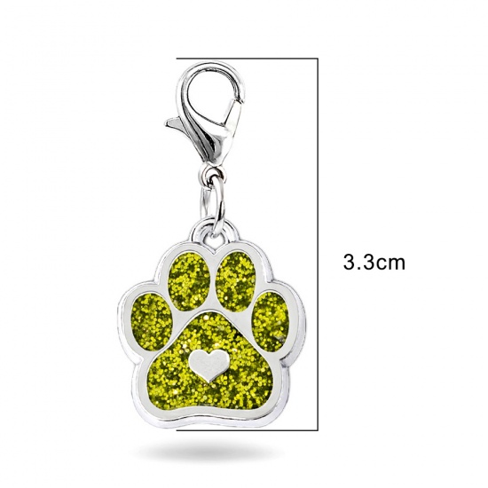 Picture of Zinc Based Alloy Pet Memorial Knitting Stitch Markers Pendants Dog Paw Claw Silver Tone Olive Green Heart Glitter 33mm, 2 PCs