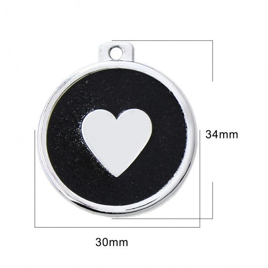 Picture of Zinc Based Alloy Pet Memorial Pendants Round Silver Tone Black Heart Glitter 34mm x 30mm, 5 PCs