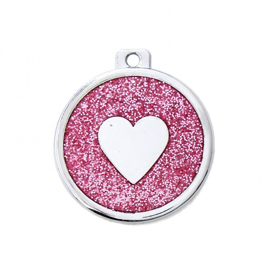 Picture of Zinc Based Alloy Pet Memorial Pendants Round Silver Tone Pink Heart Glitter 34mm x 30mm, 5 PCs
