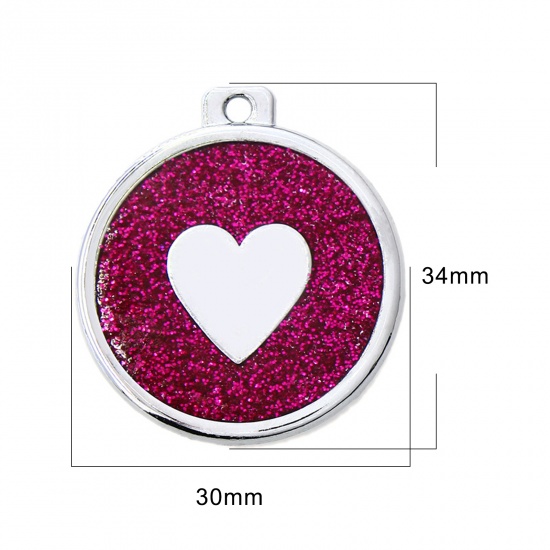 Picture of Zinc Based Alloy Pet Memorial Pendants Round Silver Tone Fuchsia Heart Glitter 34mm x 30mm, 5 PCs