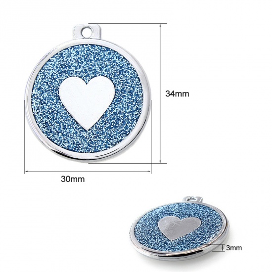 Picture of Zinc Based Alloy Pet Memorial Pendants Round Silver Tone Light Blue Heart Glitter 34mm x 30mm, 5 PCs